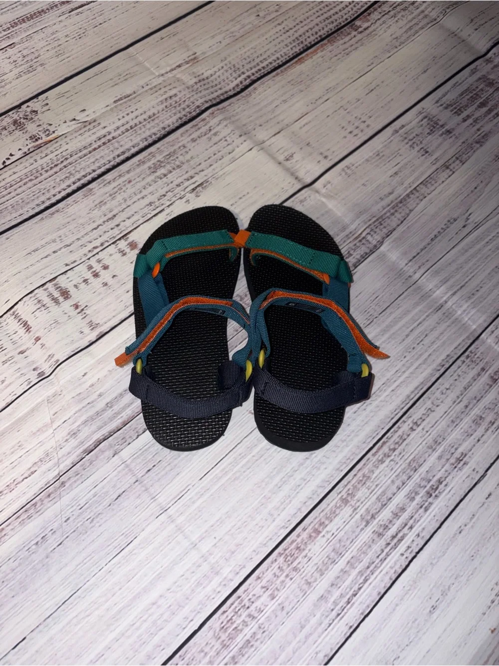 New, never wore Kids Teva Teal, Blue & Orange Sandals Size 3